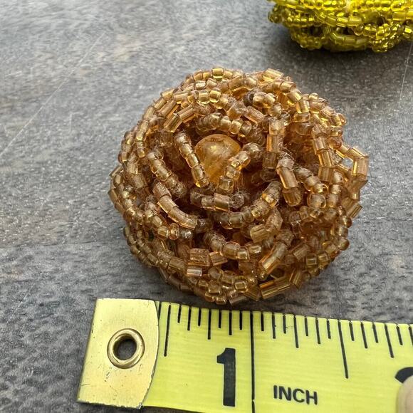 Yellow-green & brown seed bead handmade floral stretch cocktail statement rings - Picture 8 of 8